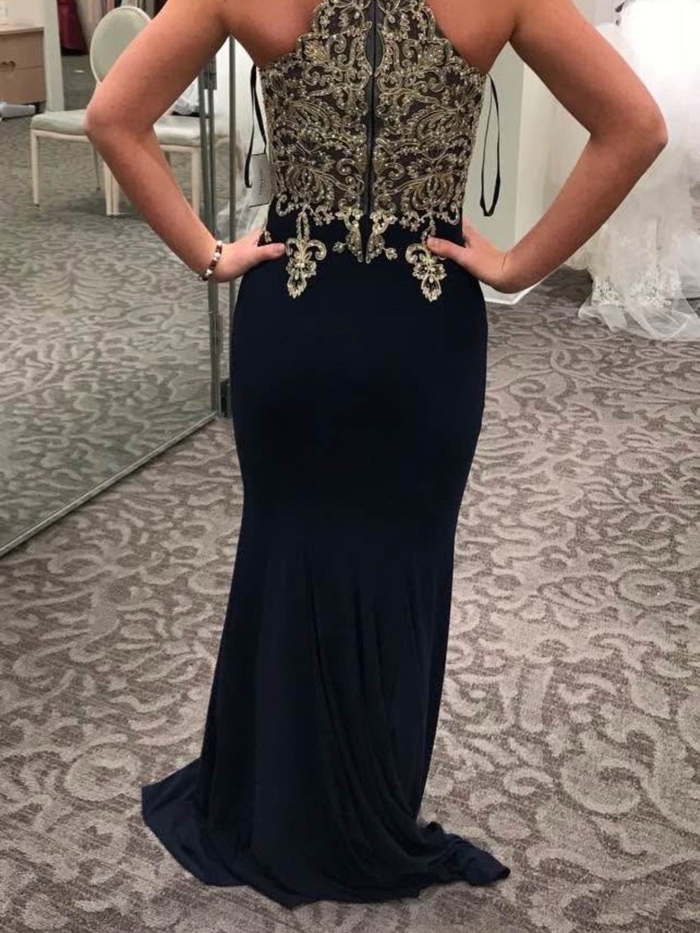 Navy & Gold Embellished Evening Gown - Women's Formal Dress